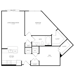 Floor Plan  A floor plan of a home with a living room, kitchen, and two closets.