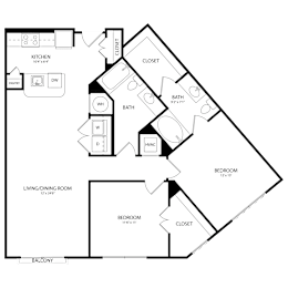 Floor Plan  A floor plan of a house with a kitchen, living room, two bedrooms, and a bathroom.