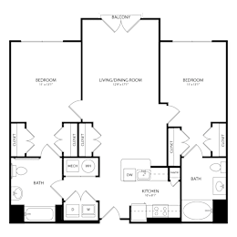 Floor Plan  A floor plan of a house with a balcony, two bedrooms, a living/dining room, a kitchen, two bathrooms, a mech, and a workshop.