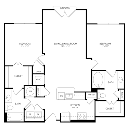 Floor Plan  A floor plan of a house with a balcony, two bedrooms, a living/dining room, a kitchen, a bath, a pantry, and two closets.