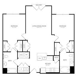 Floor Plan  A black and white image of a house floor plan with a balcony, two bedrooms, a living/dining room, a kitchen, two bathrooms, a pantry, and a den with a home theater.