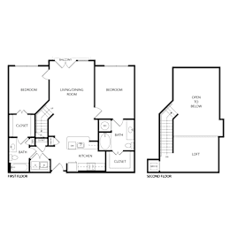 Floor Plan  A floor plan of a two-story house with two bedrooms, a living/dining room, a kitchen, a bathroom, a closet, a first-floor bathroom, a second-floor bathroom, a loft,