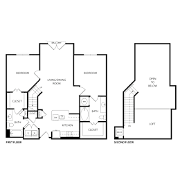Floor Plan  A floor plan of a two-story house with a balcony, two bedrooms, a living/dining room, a kitchen, a bath, a closet, and a loft.
