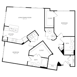 Floor Plan  A black and white image of a house floor plan with labeled rooms and measurements.