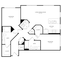 Floor Plan  A black and white image of a house floor plan with a living/dining room, kitchen, two bedrooms, two bathrooms, and closets.