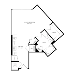 Floor Plan  A floor plan of a home with a living/bedroom, kitchen, bath, and closet.