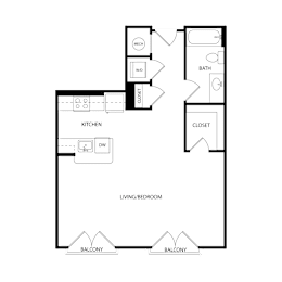 Floor Plan  A floor plan of a house with a living room, kitchen, bathroom, and closet.