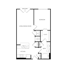 Floor Plan  A floor plan of a house with a balcony, bedroom, living/dining room, kitchen, and bathroom.