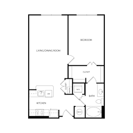 Floor Plan  A floor plan of a house with a bedroom, living/dining room, kitchen, bathroom, and closet.
