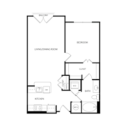 Floor Plan  A floor plan of a house with a balcony, living/dining room, kitchen, bathroom, and bedroom.