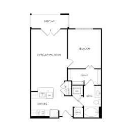 Floor Plan  A floor plan of a small apartment with a living room, bedroom, kitchen, bathroom, and closet.