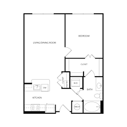 Floor Plan  A floor plan of a house with a living/dining room, kitchen, bathroom, and bedroom.