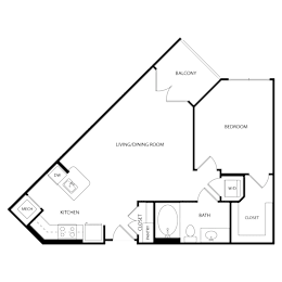 Floor Plan  A floor plan of a house with a balcony, kitchen, bathroom, and closet.