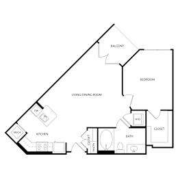 Floor Plan  A black and white image of a house floor plan with a balcony, living/dining room, kitchen, bath, closet, and pantry.