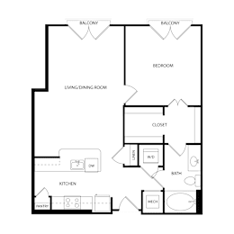 Floor Plan  A floor plan of a house with two balconies, a living/dining room, a bedroom, a kitchen, a pantry, a closet, a laundry area, a bathroom, and a mech.