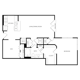 Floor Plan  A floor plan of a house with a living room, dining room, kitchen, and bedroom.