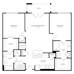 Floor Plan  A black and white image of a house floor plan with a patio, three bedrooms, a living/dining room, a kitchen, a pantry, two bathrooms, and several closets.