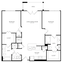 Floor Plan  A black and white image of a house floor plan with a patio.