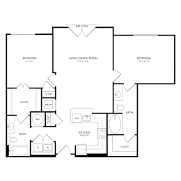 Floor Plan  A floor plan of a house with three bedrooms, a living/dining room, a kitchen, two bathrooms, and a balcony.