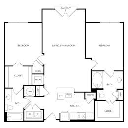 Floor Plan  A black and white image of a house floor plan with a balcony, living/dining room, kitchen, two bedrooms, two bathrooms, and a pantry.