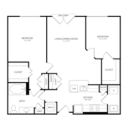 Floor Plan  A black and white image of a house floor plan with a balcony, two bedrooms, a living/dining room, a kitchen, a pantry, a linen closet, a bath, and a mech closet.