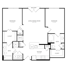 Floor Plan  A black and white image of a house floor plan with a balcony, three bedrooms, a living/dining room, a kitchen, a pantry, two bathrooms, and two closets.