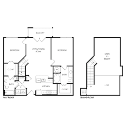 Floor Plan  A floor plan of a two-story house with a balcony, two bedrooms, a living/dining room, a kitchen, two bathrooms, and a loft.