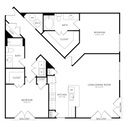 Floor Plan  A floor plan of a house with two bedrooms, a living/dining room, and a kitchen.
