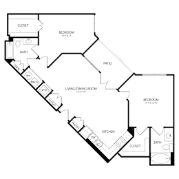 Floor Plan  A floor plan of a house with two bedrooms, a living room, a kitchen, a bath, a patio, and a closet.