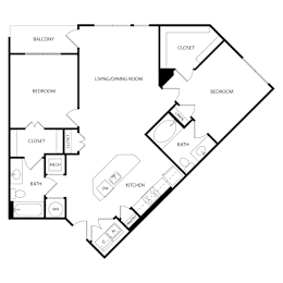 Floor Plan  A floor plan of a house with labeled rooms such as bedroom, bath, kitchen, and living/dining room.