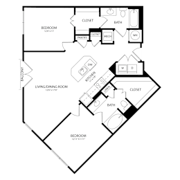 Floor Plan  A floor plan of a house with a living room, two bedrooms, a kitchen, a bathroom, a pantry, a closet, and a balcony.
