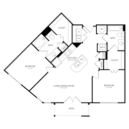 Floor Plan  A black and white image of a house floor plan with a living/dining room, kitchen, two bedrooms, a bathroom, and a patio.