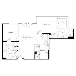 Floor Plan  A floor plan of a house with labeled rooms such as Bedroom, Bath, Kitchen, Living/Dining Room, Closet, and Balcony.