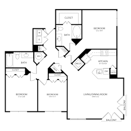 Floor Plan  A floor plan of a house with two bedrooms, a living room, a kitchen, and a bathroom.