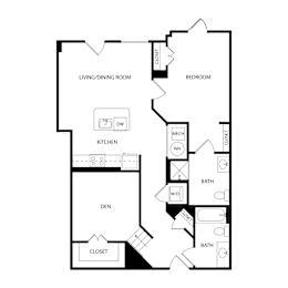 Floor Plan  A floor plan of a house with a living room, kitchen, den, two bedrooms, and two bathrooms.