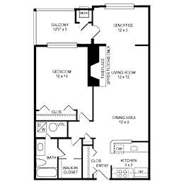 Floor Plan  A floor plan of a house with a den, two bedrooms, a living room, a dining area, a kitchen, and a bathroom.