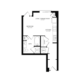 Floor Plan  A black and white image of a floor plan for a one bedroom apartment.