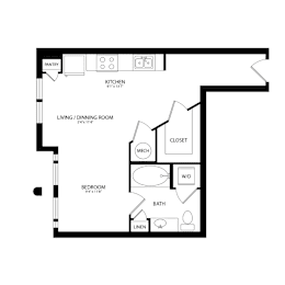 Floor Plan  A floor plan of a house with a kitchen, living room, dining room, bedroom, bathroom, and closet.