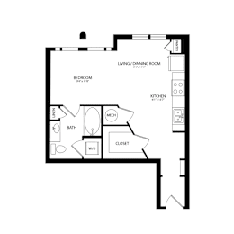 Floor Plan  A black and white image of a floor plan for a small apartment.
