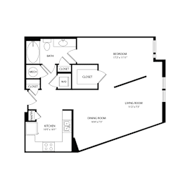 Floor Plan  A black and white image of a floor plan for a small apartment.