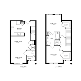 Floor Plan  A floor plan of a one and two story home with labeled rooms.