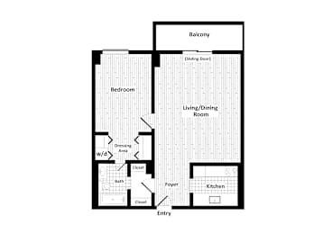 Floor Plan  A floor plan of a house with a balcony, bedroom, living room, dining room, kitchen, bath, foyer, and closets.