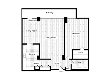 Floor Plan  A floor plan of a house with a balcony, dining room, living room, bedroom, closet, kitchen, pantry, foyer, bath, and entry.