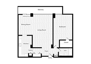 Floor Plan  A floor plan of a house with a balcony, dining room, living room, kitchen, pantry, cloakroom, bedroom, bathroom and entry.