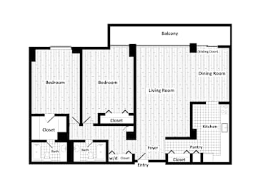 Floor Plan  A floor plan of a house with a balcony, two bedrooms, a living room, a dining room, a kitchen, a pantry, two bathrooms, a foyer, and two closets.