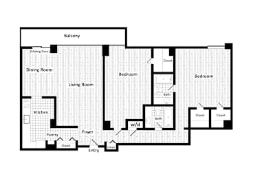 Floor Plan  A floor plan of a house with a balcony, dining room, living room, kitchen, pantry, two bedrooms, two bathrooms, and closets.