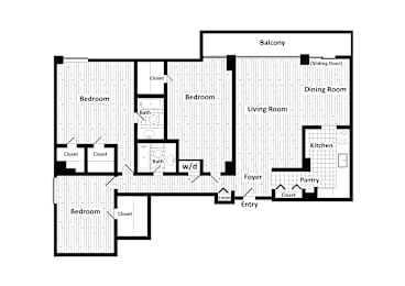 Floor Plan  A floor plan of a house with a balcony, two bathrooms, two bedrooms, a living room, a dining room, a kitchen, a pantry, a foyer, and an entry.