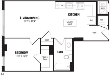 Floor Plan  Modern 1 Bedroom Crystal City Arlington VA Apartment Rentals