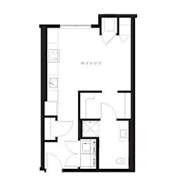 A floor plan for a studio apartment with a bathroom and a total area of 515 square feet.