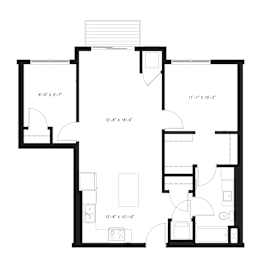 A floor plan for a 1 bedroom apartment with den, bath, and balcony.